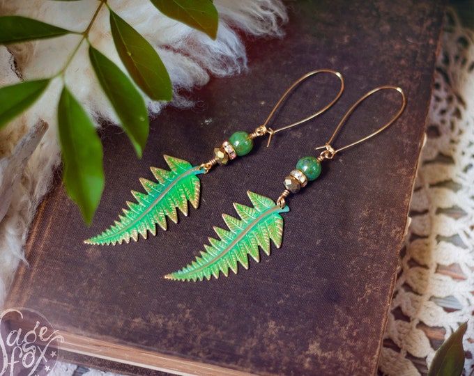 hand-painted brass fern leaf earrings with czech glass beads