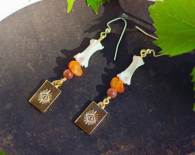 coyote tail bone & gold evil eye earrings with goldstone and orange quartz // vulture culture, bone jewelry, esoteric, oddities, taxidermy