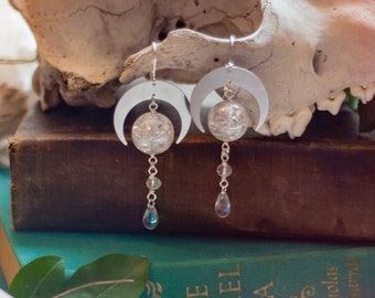 silver crescent moon earrings with iridescent glass beads // celestial, bohemian style, boho, statement, esoteric, gothic, witchy style