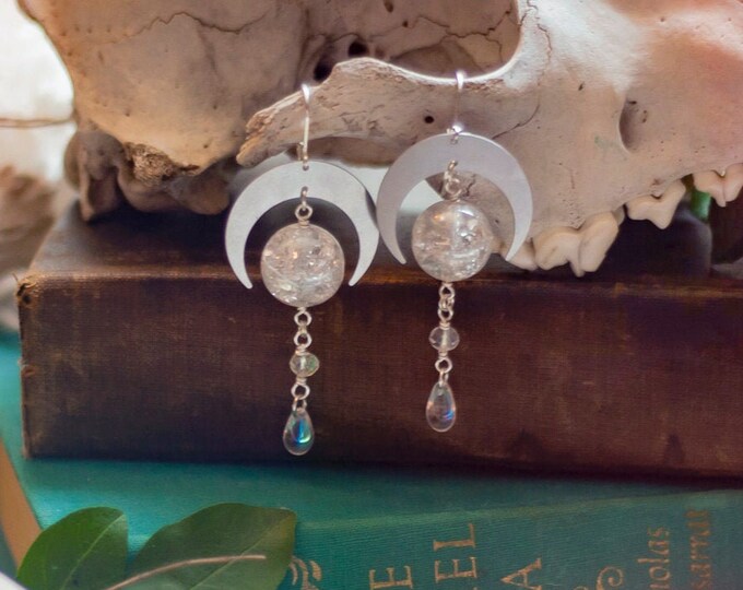 silver crescent moon earrings with iridescent glass beads // celestial, bohemian style, boho, statement, esoteric, gothic, witchy style