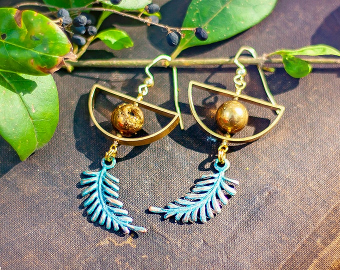 brass half moon earrings with verdigris copper ferns & gold druzy / bohemian style, boho, modern, geometric, leaf earrings, nature inspired