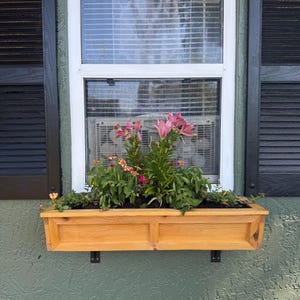 May include: A wooden window box filled with vibrant green plants and pink flowers is mounted below a white-framed window with black shutters. The window has blinds and a glimpse of an air conditioning unit.