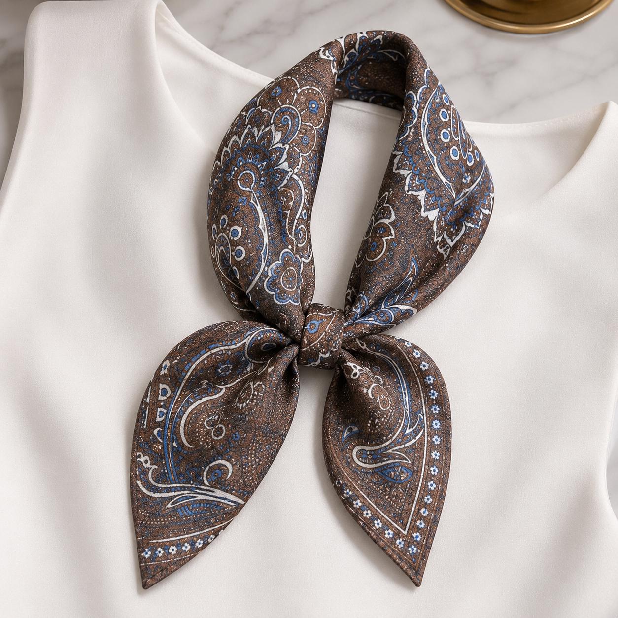 Brown Western Paisley Silk Scarf, 53cm Hand Rolled Mulberry Silk Twill Square Bandana, Rust Bronze Blue Neck Scarf