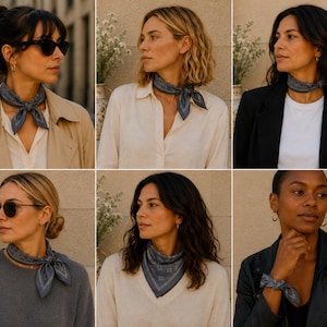 May include: A collection of women wearing dark blue bandanas tied around their necks and wrists. The bandanas have a subtle pattern. The women are wearing various outfits, including a trench coat, blazer, and sweater. The background is neutral.