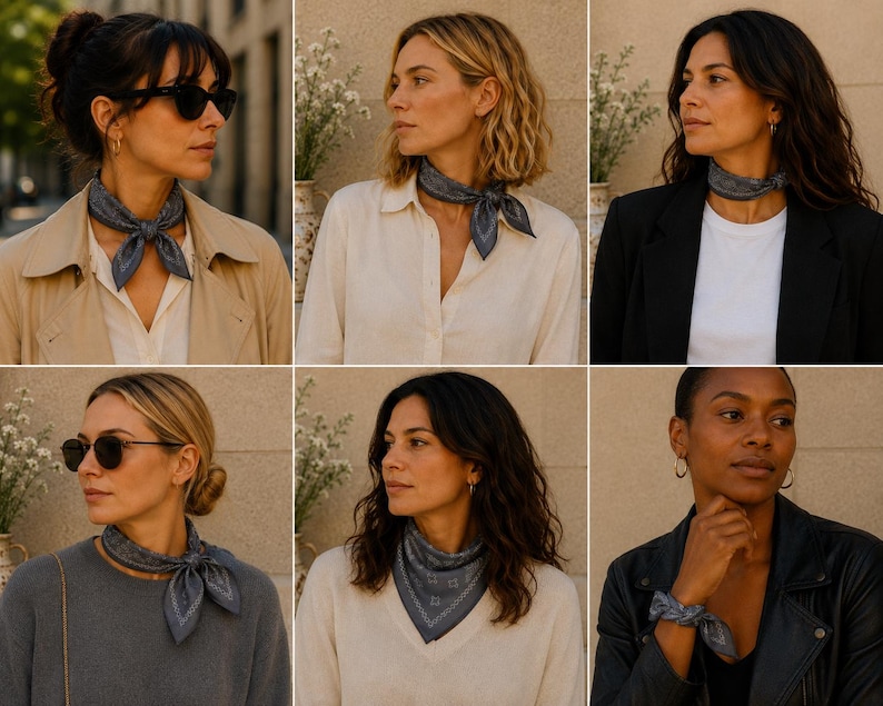 May include: A collection of women wearing dark blue bandanas tied around their necks and wrists. The bandanas have a subtle pattern. The women are wearing various outfits, including a trench coat, blazer, and sweater. The background is neutral.
