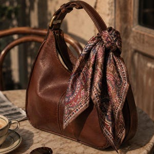 May include: A brown leather handbag with a curved shape, featuring a top handle and a decorative scarf tied to it. The scarf has a paisley pattern in shades of brown, pink, and blue. Sunglasses and a cup of coffee are on the table.
