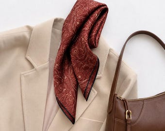 Burgundy Floral Line Art 21 Inch Mulberry Silk Twill Scarf, Hand-Rolled Hem Bandana, Vintage Botanical Neck Scarf