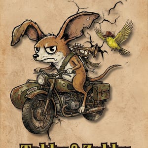 以下が含まれることがあります： 茶色い大きな耳の犬が、サイドカー付きのヴィンテージバイクに乗っているイラスト。カウボーイハットをかぶった黄色い鳥が近くを飛んでいます。画像は古びたような外観で、下部に「Tobby & Zukku」の文字があります。