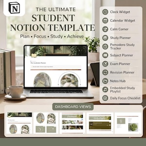 May include: A digital Notion template for students titled The Ultimate Student Notion Template. The screen displays The Academia Planner with various widgets listed on the right, including a clock, calendar, study planner, and exam tracker.