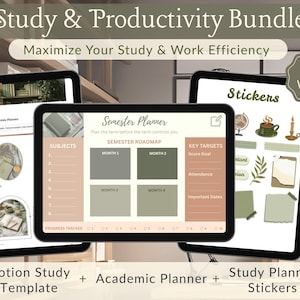May include: A digital study and productivity bundle featuring a Notion study template, academic planner, and study planner stickers. The image displays three tablets with various study-related layouts and the text "Study & Productivity Bundle."