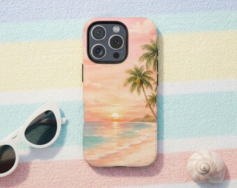 Summer Phone Case for iPhone and Samsung with Pink Watercolor Beach Sunset Design