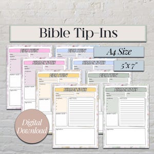 May include: A collection of Bible Tip-Ins, including Bible Study and Sermon Notes templates. The templates are in various pastel colors and sizes, with the text "Bible Tip-Ins" at the top. The image also includes the text "A4 Size" and "5" x 7"" and "Digital Download".