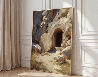 Stampa su tela raffigurante una tomba vuota, dipinto religioso da appendere al muro, scena della Resurrezione, opera d'arte biblica, regalo cristiano, esposizione pasquale, spirituale.