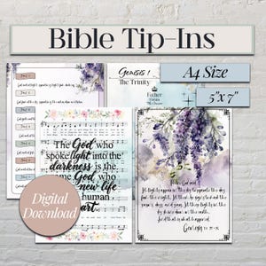 May include: A collection of Bible Tip-Ins, including pages with floral designs, sheet music, and text. The text includes "Bible Tip-Ins", "Genesis", and "Digital Download". The sizes are A4 and 5"x7".