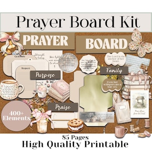Puede incluir: Un kit digital de Prayer Board con más de 400 elementos y 85 páginas. El diseño incluye un fondo de corcho con varios elementos como una taza de café, libros, una vela y una mariposa. El kit es de alta calidad e imprimible.