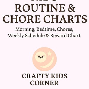 Könnte beinhalten: Hellrosa Hintergrund mit dem Text "KIDS ROUTINE & CHORE CHARTS" in Dunkelbraun. Darunter steht "Morning, Bedtime, Chores, Weekly Schedule & Reward Chart". Eine kreisförmige Grafik mit einer Eule und einem Mond befindet sich in der Mitte. Der Text "CRAFTY KIDS CORNER" steht unten.