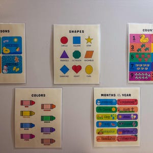 May include: A set of educational flashcards for children, covering seasons, shapes, counting, colours, and months of the year. Each card is in a clear plastic sleeve, with colourful illustrations and text. Designed to aid children in learning fundamental concepts.