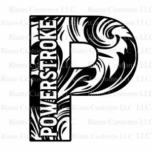 May include: Black and white graphic of the letter "P" with the word "POWERSTROKE" vertically aligned on the left side. The letter "P" has a decorative, swirling design.