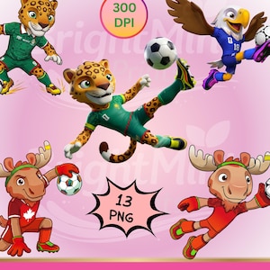 以下が含まれることがあります： サッカーをする漫画の動物キャラクターのデジタルイラスト。ジャガー、ワシ、2頭のヘラジカが含まれており、それぞれサッカーのユニフォームを着てサッカーボールと交流しています。「300 DPI」と「13 PNG」の文字も含まれています。