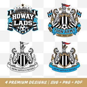 Può includere: Quattro design grafici a tema Newcastle United. In alto a sinistra, uno stemma dello stadio con il testo HOWAY THE LADS. In alto a destra, uno scudo con cavallucci marini e il testo TOON ARMY. In basso, lo stemma del club con cavallucci marini.