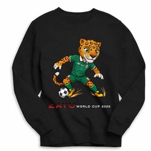 Puede incluir: Sudadera negra con un jaguar de dibujos animados con un uniforme de f&uacute;tbol verde, n&uacute;mero 9, pateando un bal&oacute;n de f&uacute;tbol. El jaguar es la mascota de la Copa del Mundo de 2026. El texto en la sudadera dice "ZAYU WORLD CUP 2026".