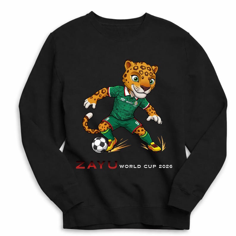 Puede incluir: Sudadera negra con un jaguar de dibujos animados con un uniforme de f&uacute;tbol verde, n&uacute;mero 9, pateando un bal&oacute;n de f&uacute;tbol. El jaguar es la mascota de la Copa del Mundo de 2026. El texto en la sudadera dice "ZAYU WORLD CUP 2026".