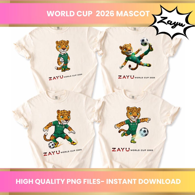 Puede incluir: Cuatro camisetas color crema con una mascota de jaguar de dibujos animados con atuendo de f&uacute;tbol verde. El jaguar se representa con un bal&oacute;n de f&uacute;tbol en varias poses. El texto "ZAYU WORLD CUP 2026" est&aacute; impreso en cada camiseta.