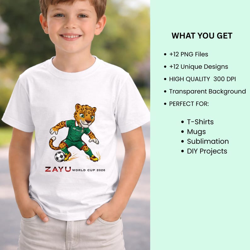 Puede incluir: Una camiseta blanca con un jaguar de dibujos animados con uniforme de f&uacute;tbol verde pateando un bal&oacute;n de f&uacute;tbol. El texto "ZAYU WORLD CUP 2026" est&aacute; debajo. La imagen tambi&eacute;n incluye texto sobre archivos PNG, dise&ntilde;os &uacute;nicos y proyectos de bricolaje.