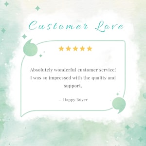 May include: A graphic featuring the text Customer Love in teal script above a speech bubble containing five yellow stars and the text Absolutely wonderful customer service! I was so impressed with the quality and support. &mdash; Happy Buyer.
