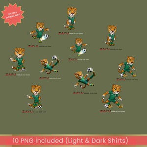 May include: Digital download featuring multiple cartoon jaguar characters in green soccer uniforms, each holding or kicking a soccer ball. The text "ZAYU WORLD CUP 2026" is displayed. The image includes the text "10 PNG Included (Light & Dark Shirts)".