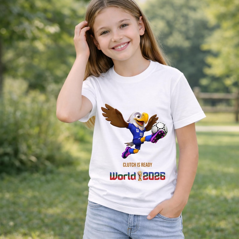 Puede incluir: Camiseta blanca con un &aacute;guila de dibujos animados con uniforme de f&uacute;tbol azul pateando un bal&oacute;n de f&uacute;tbol. El texto "CLUTCH IS READY" y "World 2026" est&aacute;n impresos debajo. La camiseta la lleva una persona.