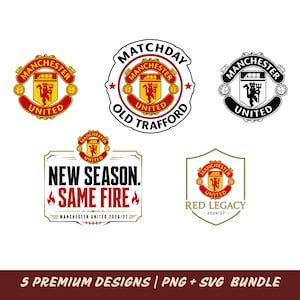 Puede incluir: Una colección de cinco diseños gráficos de Manchester United con el escudo del equipo en rojo, amarillo y negro. Los gráficos incluyen texto como MATCHDAY OLD TRAFFORD, NEW SEASON. SAME FIRE y RED LEGACY 2026/27, presentados en varios diseños de escudos.