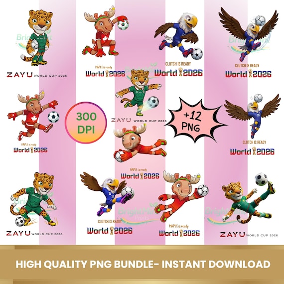 World Cup 2026 Mascots PNG Bundle – Soccer Mascots sublimation - Zayu Mexico Jaguar png - Clutch usa eagle png - Maple canada moose png