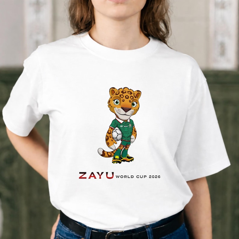 Puede incluir: Camiseta blanca con una mascota de jaguar de dibujos animados sosteniendo un bal&oacute;n de f&uacute;tbol. El jaguar lleva un uniforme verde y blanco. El texto "ZAYU WORLD CUP 2026" est&aacute; impreso en rojo debajo.