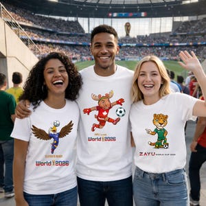 Puede incluir: Tres personas con camisetas blancas con dise&ntilde;os de f&uacute;tbol. Una camiseta presenta un &aacute;guila con un bal&oacute;n de f&uacute;tbol, otra un alce pateando un bal&oacute;n y la tercera un jaguar. El texto "World 2026" est&aacute; en dos camisetas.