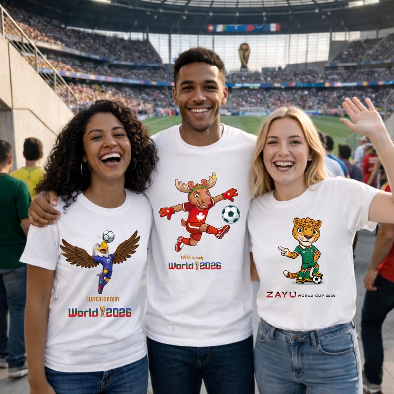 Puede incluir: Tres personas con camisetas blancas con dise&ntilde;os de f&uacute;tbol. Una camiseta presenta un &aacute;guila con un bal&oacute;n de f&uacute;tbol, otra un alce pateando un bal&oacute;n y la tercera un jaguar. El texto "World 2026" est&aacute; en dos camisetas.
