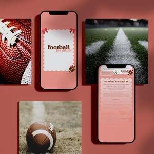 Peut inclure: Un collage d'images sur le thème du football américain. Comprend un gros plan d'un ballon de football, un smartphone avec le texte "football for girlies" et un ballon de football sur un terrain. Le fond est de couleur rouge.