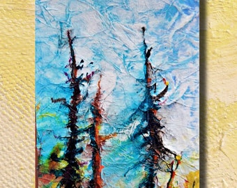 Original Painting, Weathered Woods Landscape, Landscape, Ink, Acrylic Paint,5x12,