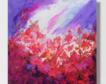 Garden Abstract, Oil & Cold Wax Painting, Original Abstract, Fuchsia Reds, Garden, Expressionist, 16x16 Cradled