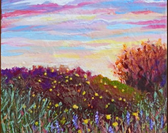 Expressive Landscape Painting, Small Painting 6x6, Landscape, Sun Rise