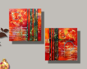 Original  Abstract, Diptych, 2 pieces, Cradled,  Reds, Orange,  Modern,  Mixed Media,  Abstract,  10x20 wall art