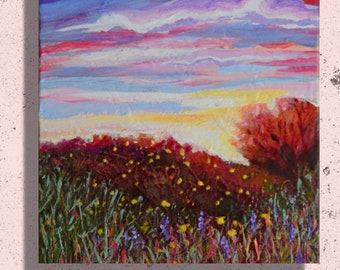Expressive Landscape Painting, Small Painting 6x6, Landscape, Sun Rise, " With A New Day- Hope""