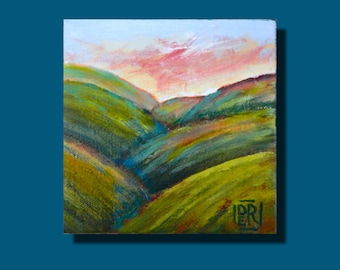 Landscape Original Painting, Vermont, Green Mountains, stretched canvas, 5x5