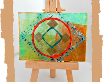 Geometric Modern Abstract Original Mixed Media Collage ACEO art card Small Mini Art with Easel