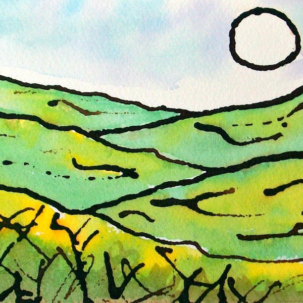 Stylized Original Landscape, ink and watercolor, green, yellow, 4x6 home decor, Vermont