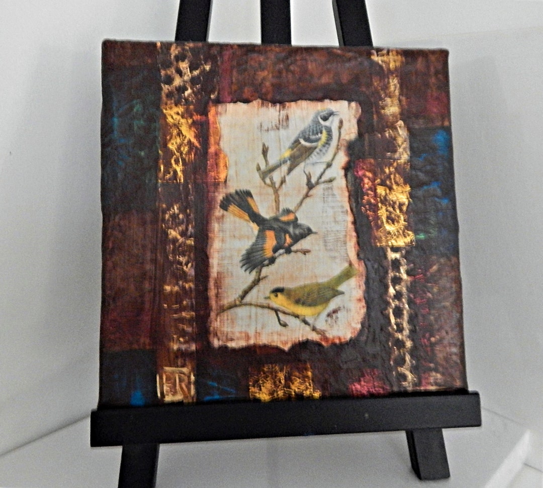 Mixed Media Bird Collage, Rustic, Collage Art, 8 X 8, Canvas, Home