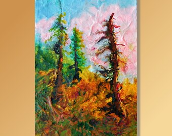 Original Painting, Landscape, Weathered Woods Landscape, Sunset, Ink, Acrylic Paint, 5x7, Mixed Media