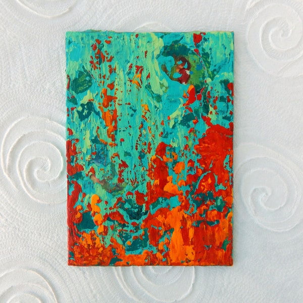 Original Modern Abstract Palette Knife Painting IMPASTO Teal Turquoise Orange Red Textured Wall Decor