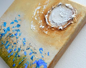 Minimalist,  Landscape Painting, Mixed Media, Small Painting 5x5, Landscape, Blue Flowers, Abstract Painting