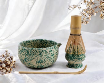 Dark Green Speckled Matcha Bowl Set with Pour Spout,Ceramic Chawan with Bamboo Whisk, Scoop,Japanese Matcha Tea Ceremony Kit,Tea Lover Gift